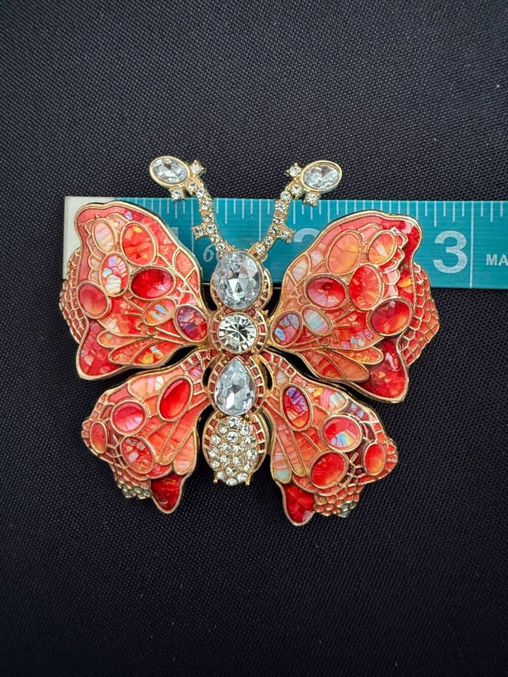 Large Red & Coral Enamel Butterfly Brooch – Iridescent Wings, Crystal Body, Gold - Picture 5 of 5